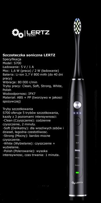 Szczoteczka Soniczna ELEKTRYCZNA LERTZ 5 końcówek INDUKCJA 80tys r/min 15 TRYBÓW