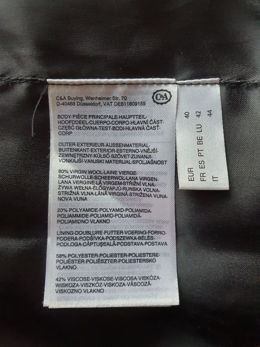 Klasyczny wełniany płaszcz z kapturem C&A rozm. 40