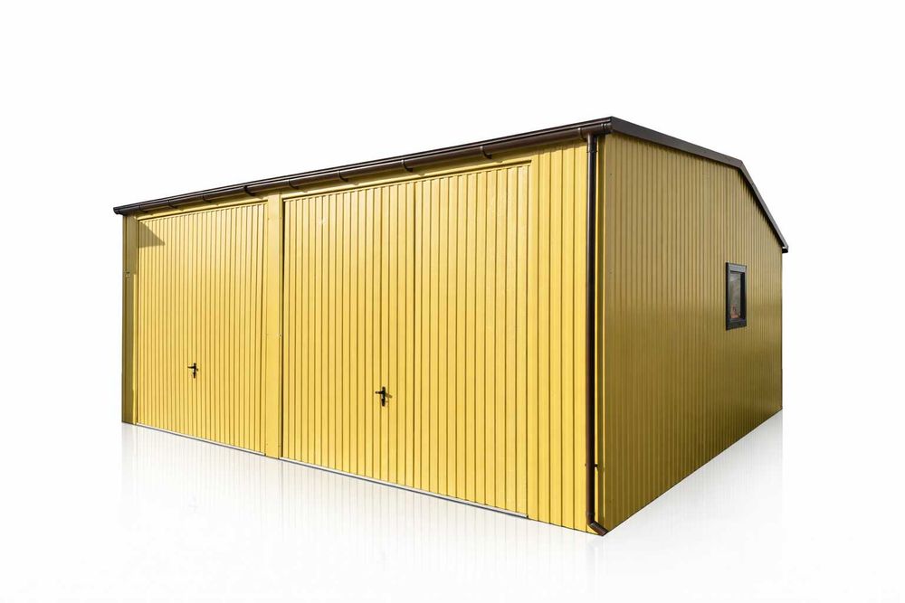 Garaż blaszany 6,5x6m –Dwustanowiskowy, Dwuspadowy, Kolor Piaskowy