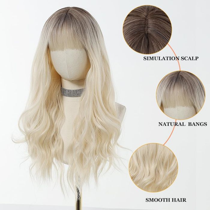 Długa Blond Peruka Z Grzywką Fale Ombre
