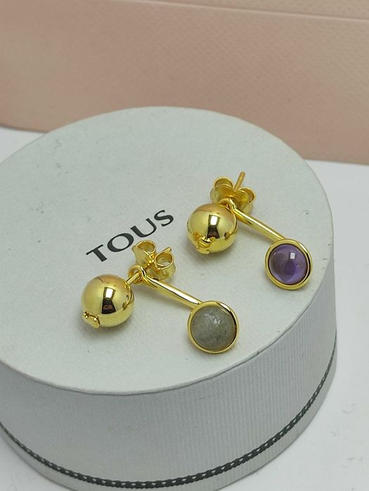 Kolczyki z misiem żółte srebro vermeil 925 z naturalnymi kamieniami