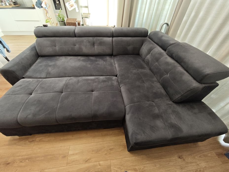 Sofá com chaise long, cama e arrumação – Cinzento Escuro