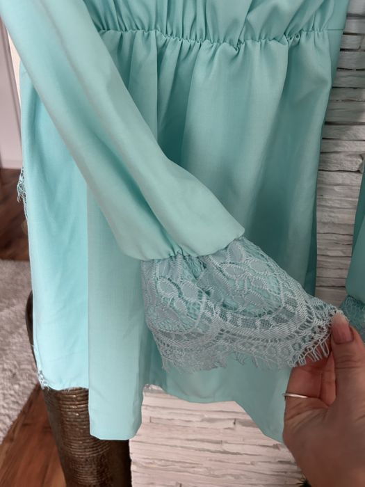 Elegancka sukienka wizytowa pastelowa z koronką koronkowa z dekoltem garniturowa na wesele turkusowa koktajlowa miętowa damska XS S M 36 38 40