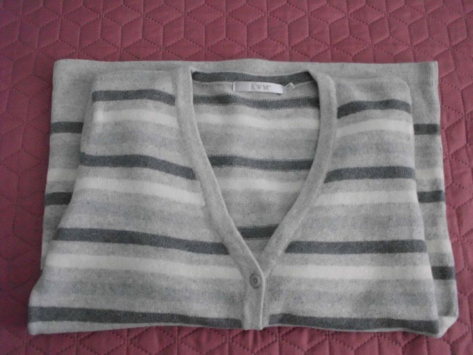 Kardigan sweter damski szary stalowy popielaty paski wełna angora r. M