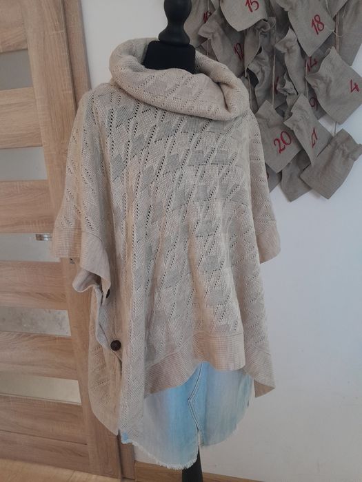 Piękne beżowe ponczo narzutka sweter sweterek S M L 38 40