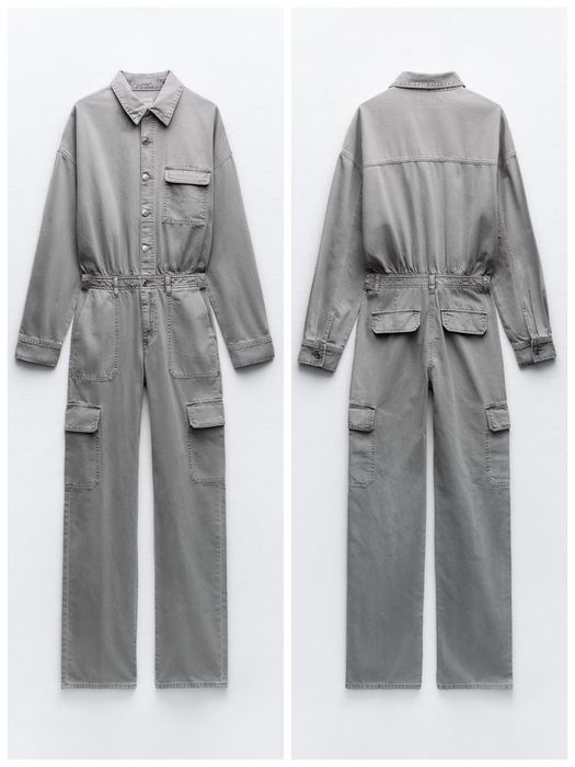 ZARA M szary luźny kombinezon dżinsowy sprany  denim cargo