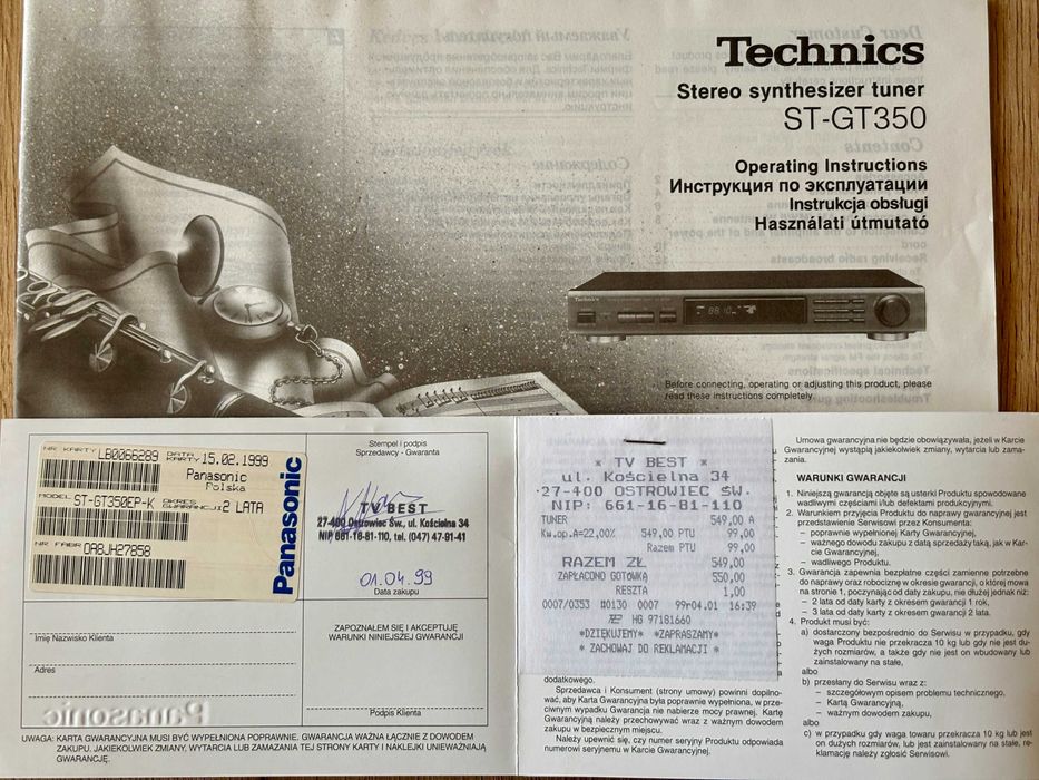 Tuner radiowy Technics ST-GT350 + akcesoria + dokumenty stan idealny