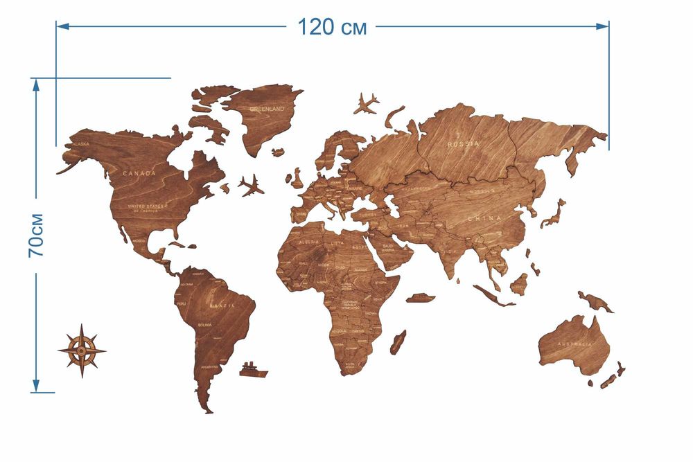 Drewniana Mapa Świata PREMIUM 120x70 cm Polskie Nazwy Państw + Pinezki