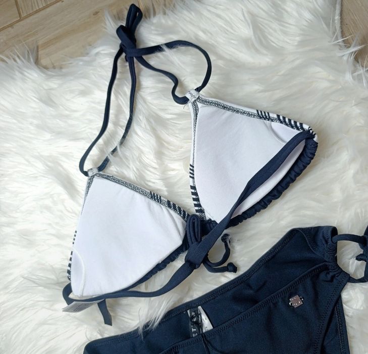 Nowy strój kąpielowy JETTE 40 A/B – granatowo-biały, paski, wiązany, z