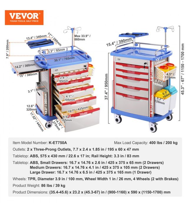Carrinhos de Laboratório VEVOR -  5 Níveis,  5 Gavetas e 4 Rodas - Baixa de Preço