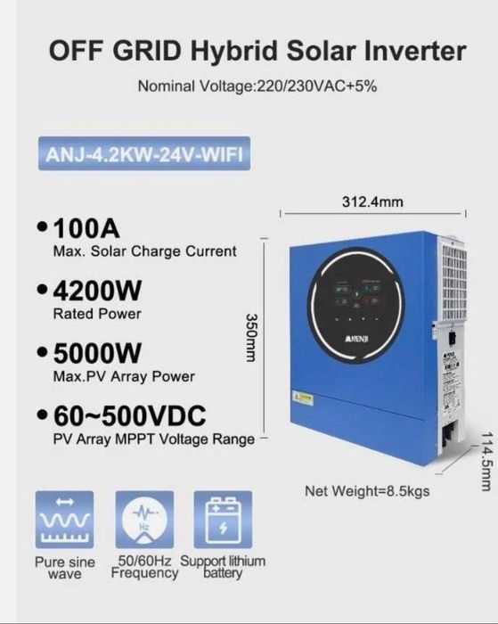ANENJI ANJ-4200W-24V, 4.2kW 24V Wi-Fi  Гібридний інвертор