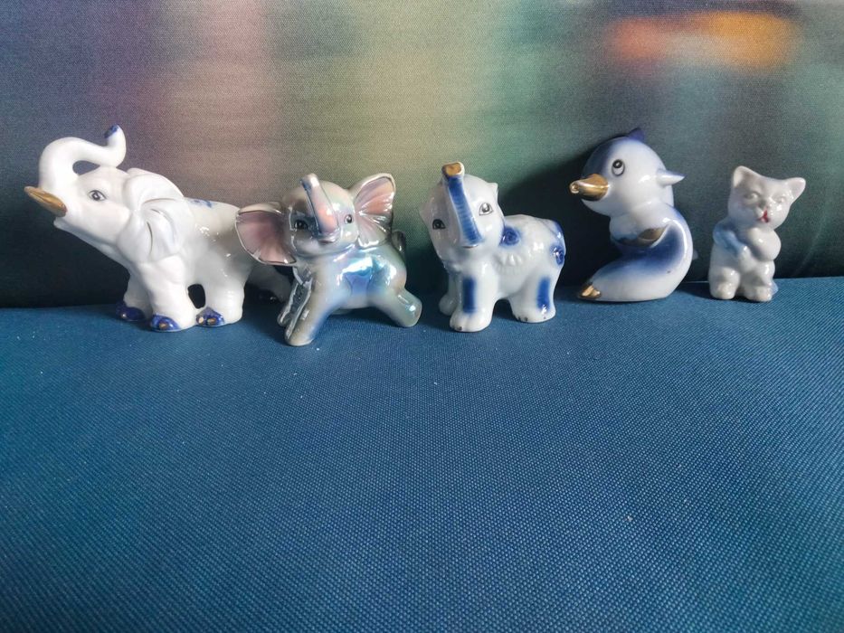 figurki słoniki delfin kotek porcelana 4szt