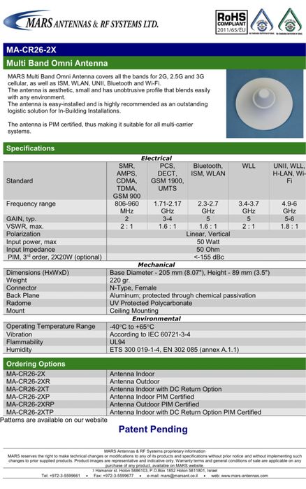 Профессиональная антенна MARS MA-CR26-2x (GSM,3G,4G,LTE,5G,WiFi,BT).
