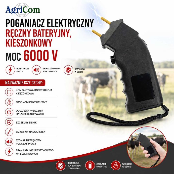 Poganiacz elektryczny ręczny Bateryjny, kieszonkowy moc 6000 V