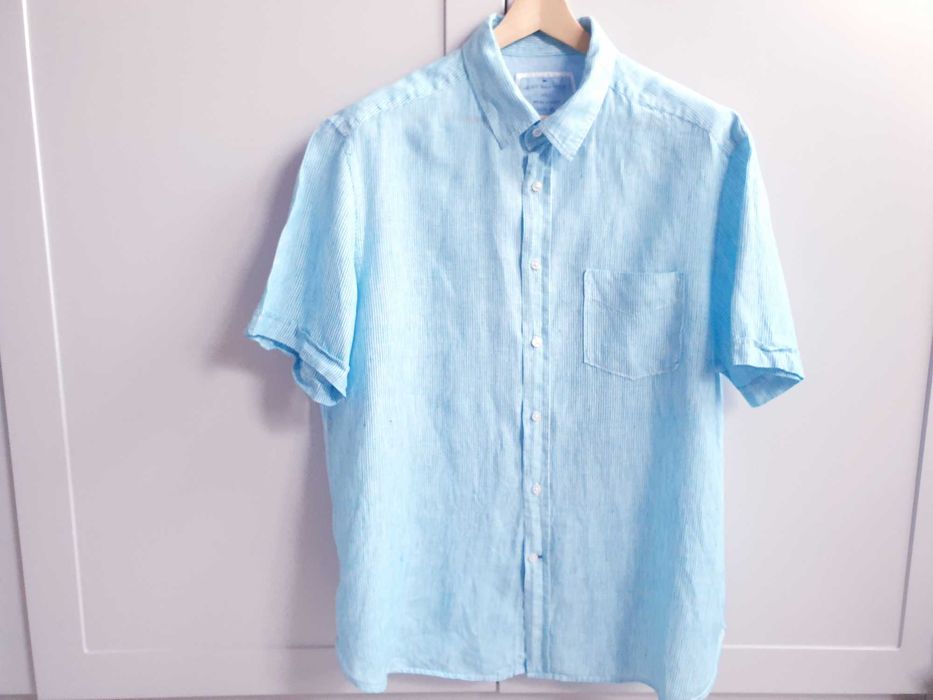 Biała turkusowa koszula w paski lniana 100% len męska Blue Harbour XL