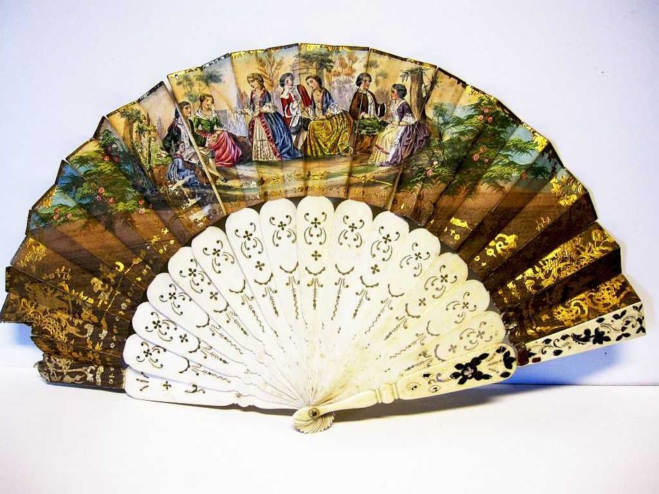 para restauro: antigo precioso leque-sec. XIX-cenas barrocas-casamento