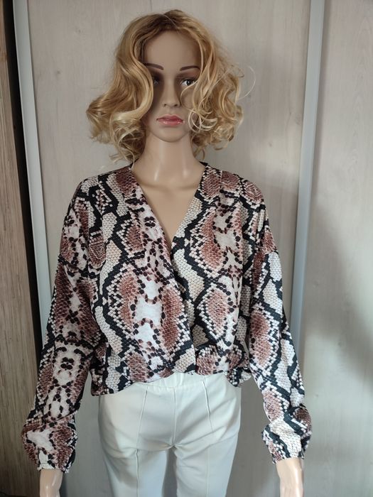 Bluzka damska, wężowy print, dekolt kopertowy, oversize, roz L