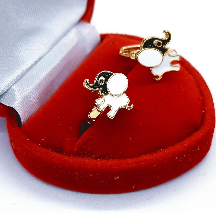 Złote Kolczyki Czarno Biały Słonik Ze Stali --- K1054