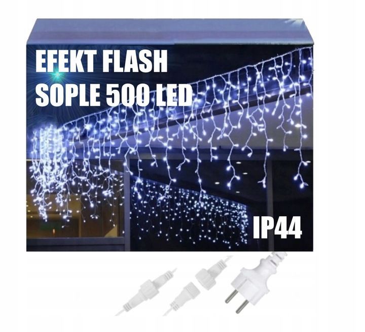 sople 500 led kurtyna lampki zewnętrzne ip44 flash białe zimne 21m