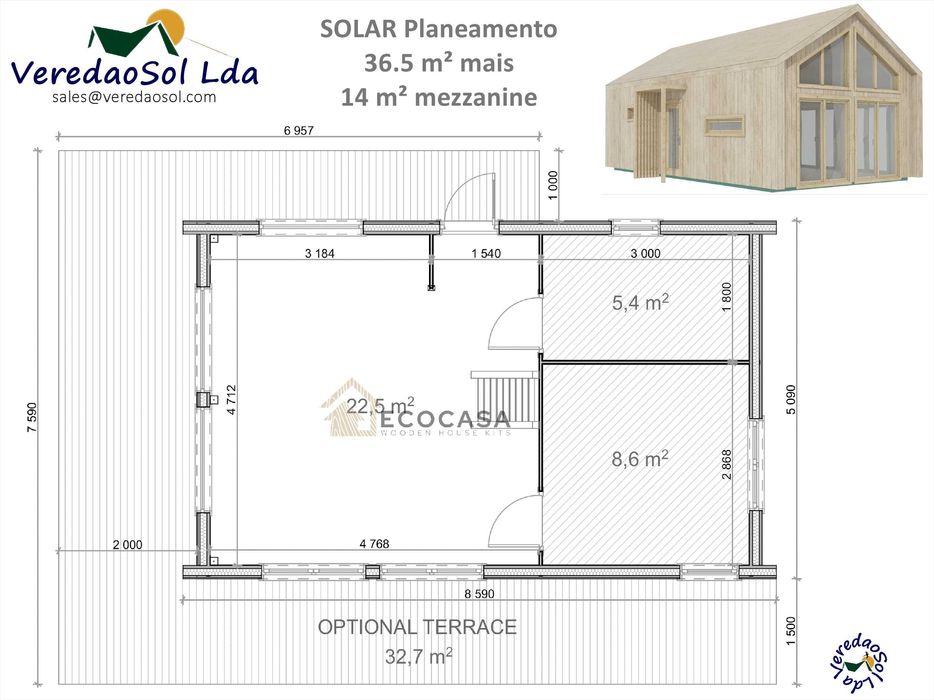 Casa Madeira SOLAR T2 50,5m² 214mm Segundaparede e isolamento telhado