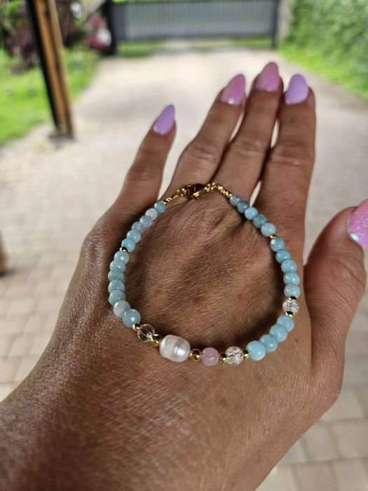 Bransoletka kamienie naturalne Jadeit Perła naturalna Kryształ Kwarc