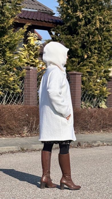 Naturalny damski płaszcz  36 kaptur 100% wełna parzona wool merino