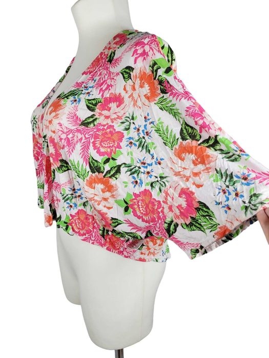 Krótka narzutka wzór kolorowe kwiaty 42,XL Marks&Spencer plus size
