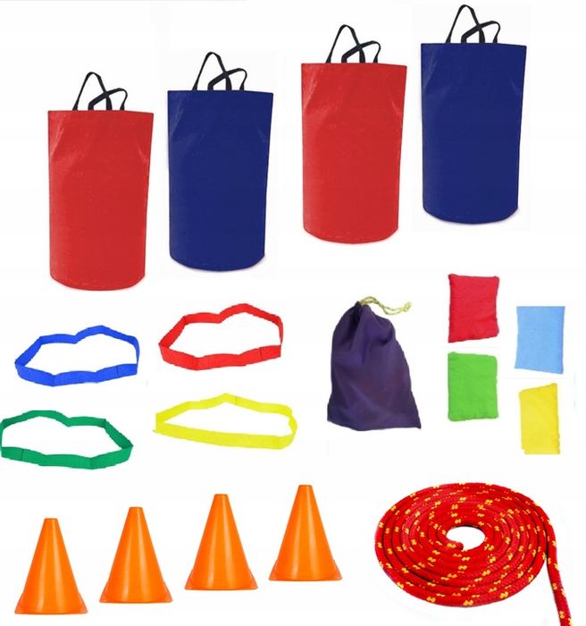 Zestaw Sportowy Animacyjny Worki Szarfy Woreczki Pachołki Gimnastyczne