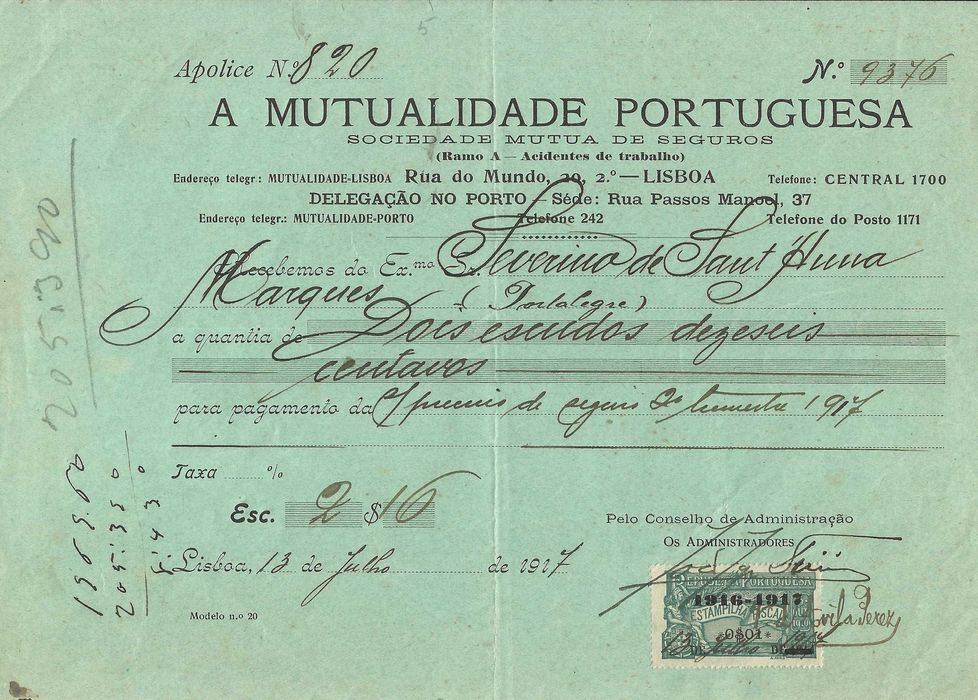 Recibo antigo 1917 - Seguros A MUTUALIDADE PORTUGUESA - selo fiscal