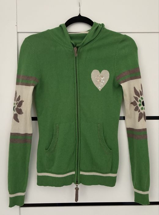 Zielona bluza z kapturem i zamkiem btyskawicznym, motywy alpejskie, estetyka Y2K, 100% kaszmir