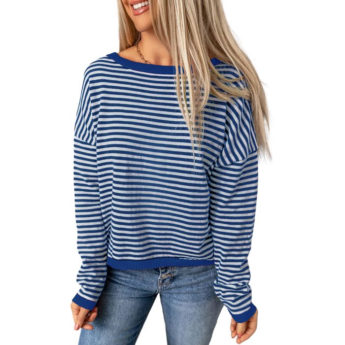 Damski longsleeve w paski, 100% bawełna, biało-niebieski, S