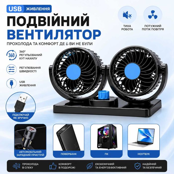 Автомобільний вентилятор подвійний із живленням від USB, 2 швидкості, обертання на 360 °