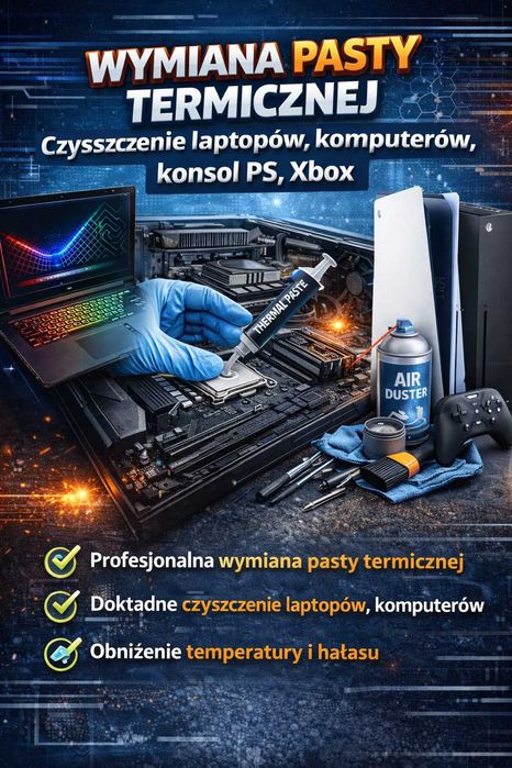 Wymiana pasty termicznej  Czyszczenie laptopów komputerów i konsol