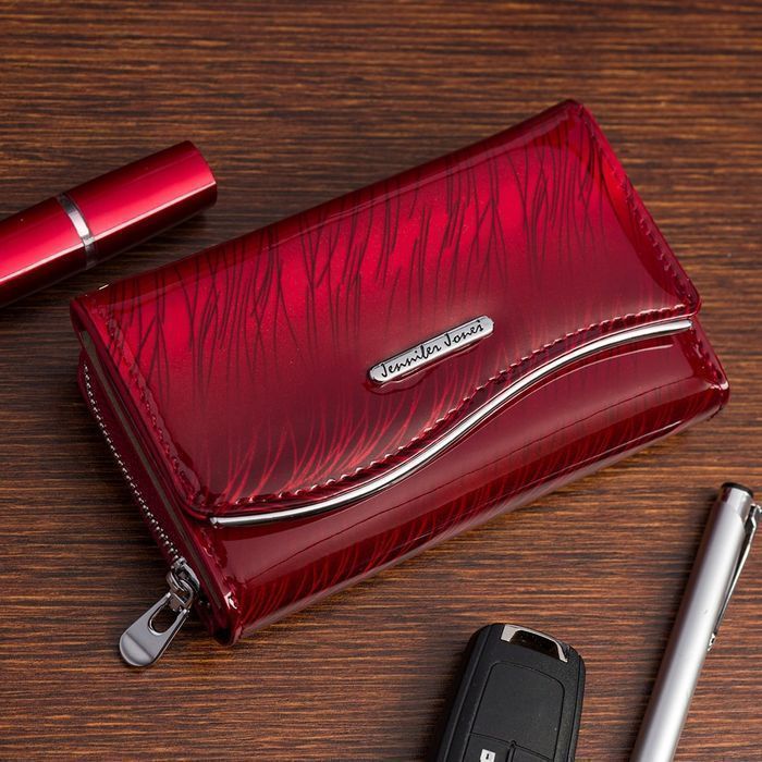 Portfel skórzany damski lakierowany na zamek karty pojemny RFiD duży