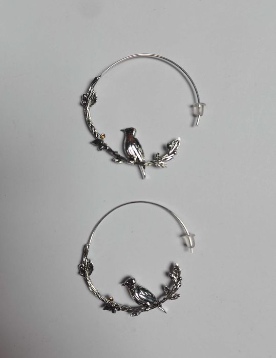 Ptaki, ptaszki, ptak - okrągłe srebrne kolczyki (boho, vintage, y2k)