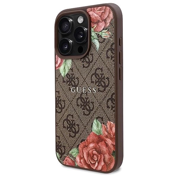 Etui Guess 4G Flowers Print MagSafe na iPhone 16 Pro 6.3" - brązowe