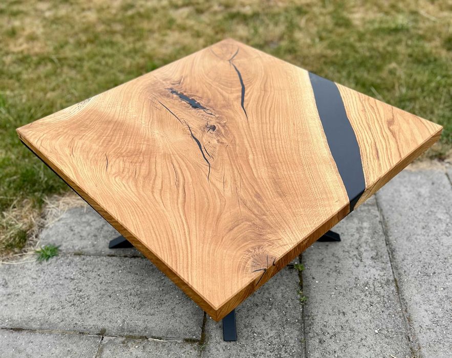 Drewniany oryginalny nowoczesny stolik kawowy dąb żywica loft #50