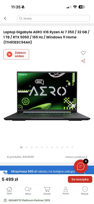 Laptop Gigabyte Aero x16 jak nowy