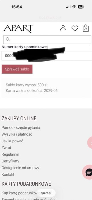 Karta podarunkowa gift card Apart 500 zl