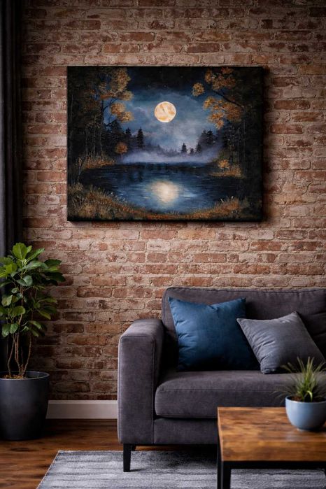 Obraz Ręcznie Malowany na Płótnie 50x40cm Leśne Jezioro