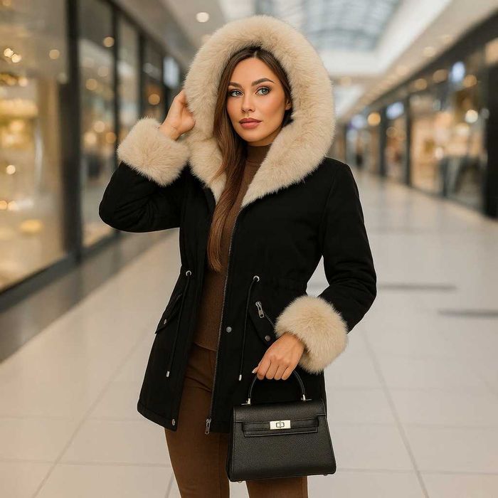 Piękna czarna kurtka zimowa damska z odpinanym futrem i kapturem