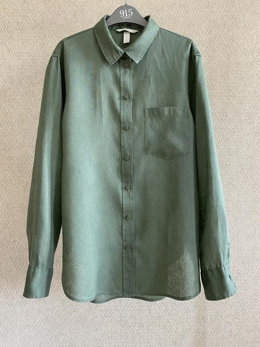 Льняная оверсайз рубашка h&m 100% лен, хаки, s