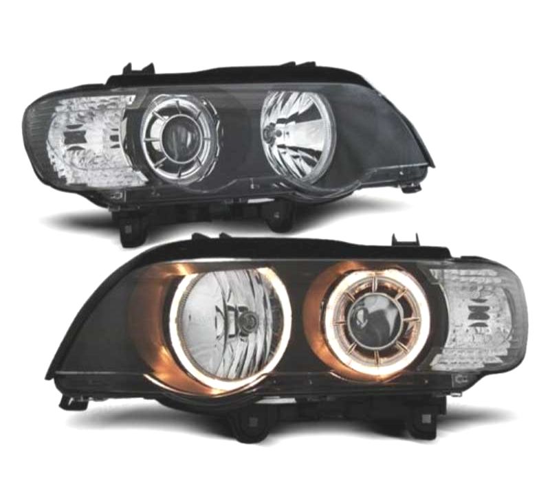 FARÓIS XENON BMW X5 E53 99-03 ANGEL EYES FUNDO PRETO