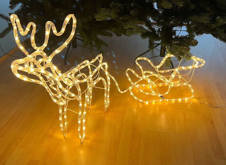 Świąteczna dekoracja LED Renifer z saniami 120 cm, ciepłe światło