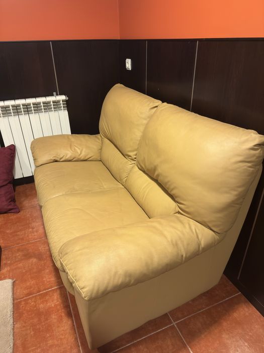 Sofá de pele e almofadas