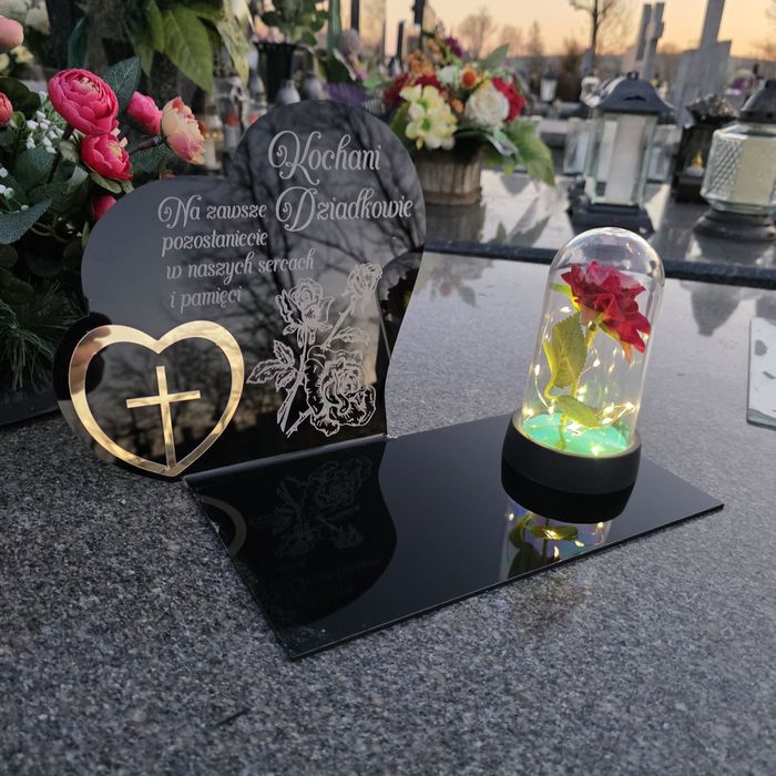 Znicz dla Dziadków dekoracja na grób grawer podstawka na cmentarz róża