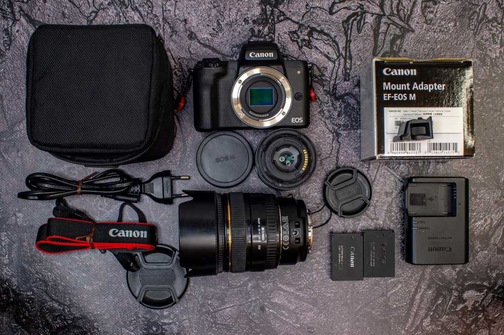 Canon M50 + Canon 15-45 + Sigma 30mm f 1.4 + EF-EOS-M adapter