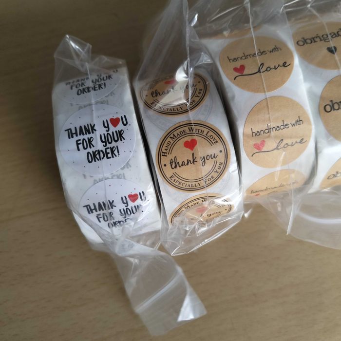 Rolos 500 Autocolantes Thank You Obrigado Handmade Natal Emojis Rock