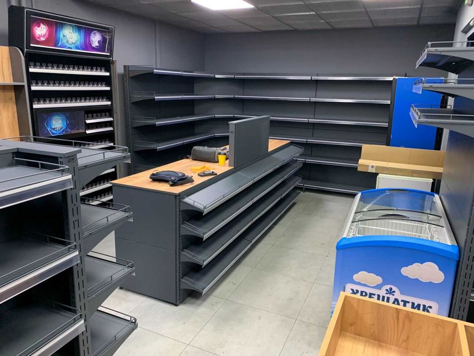 Торгові стелажі. Торгове обладнання. Каса прилавок. Вітрина стелаж