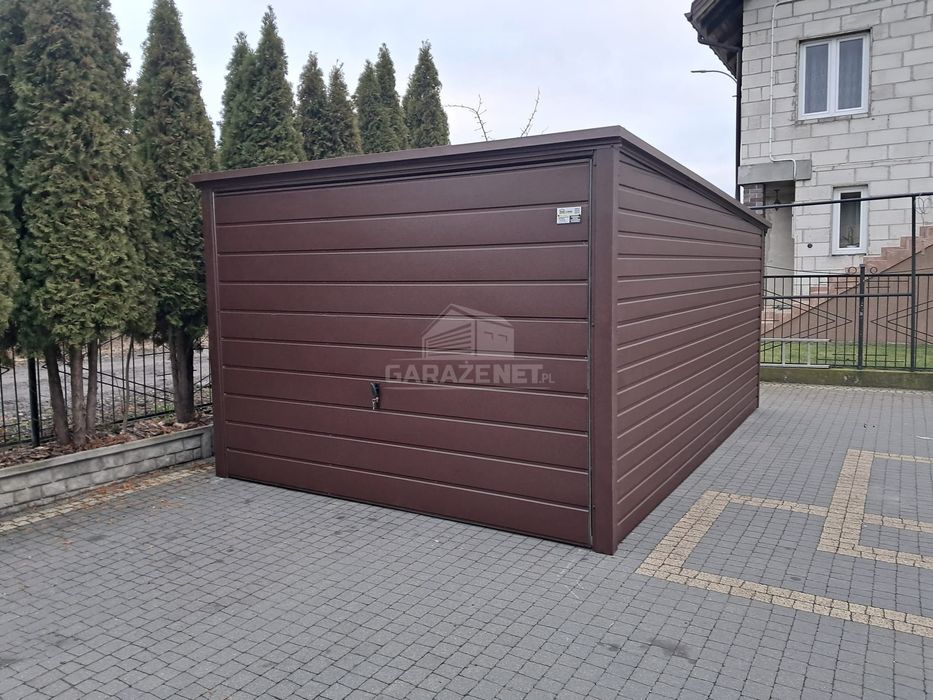 Garaż Blaszany 3X5M Brama Uchylna Ciemny Brąz Dach Spad W Tył Ts975